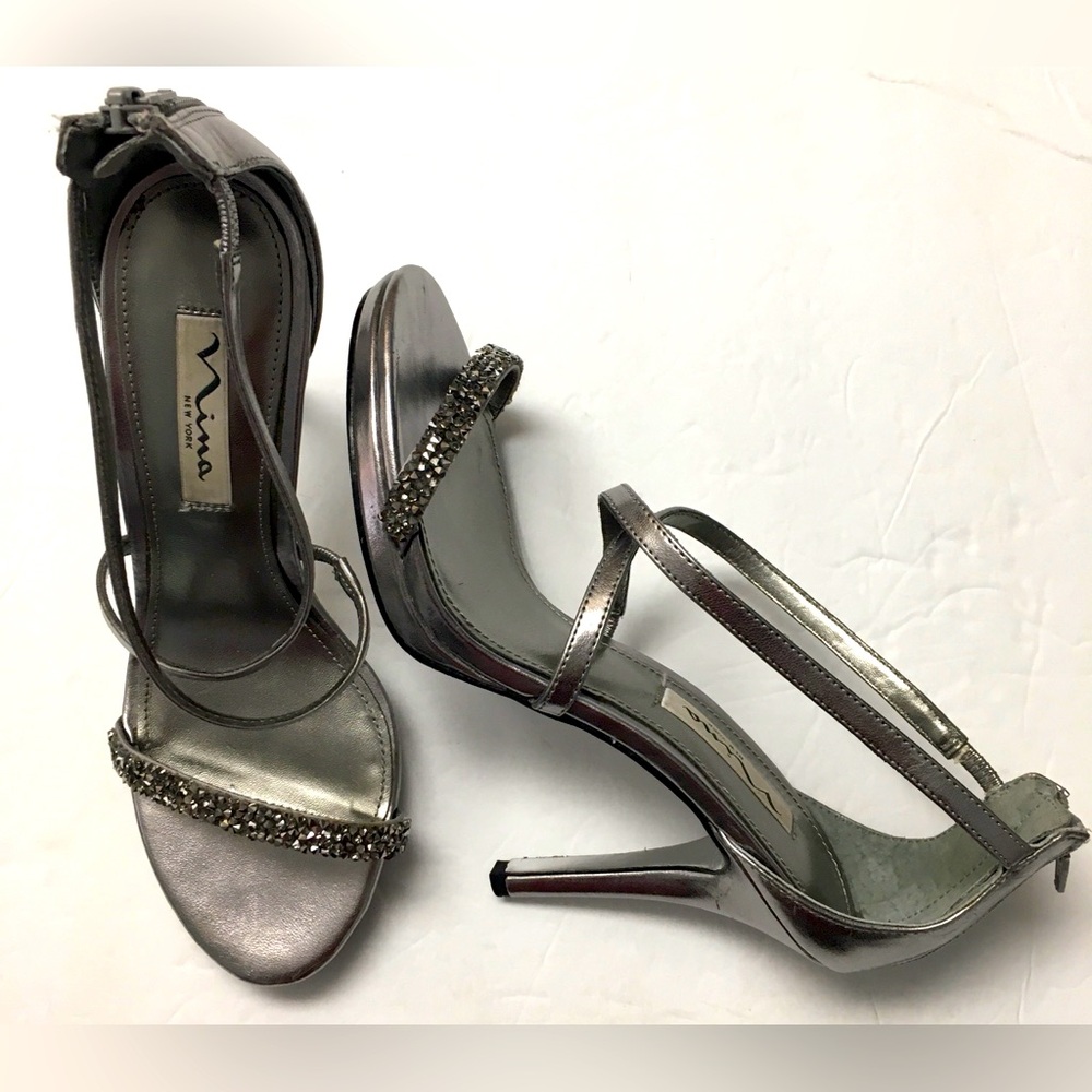 Nina Open Toe Sparkle Heels Size 6.5 Silver Evening Wedding Formal Prom Party